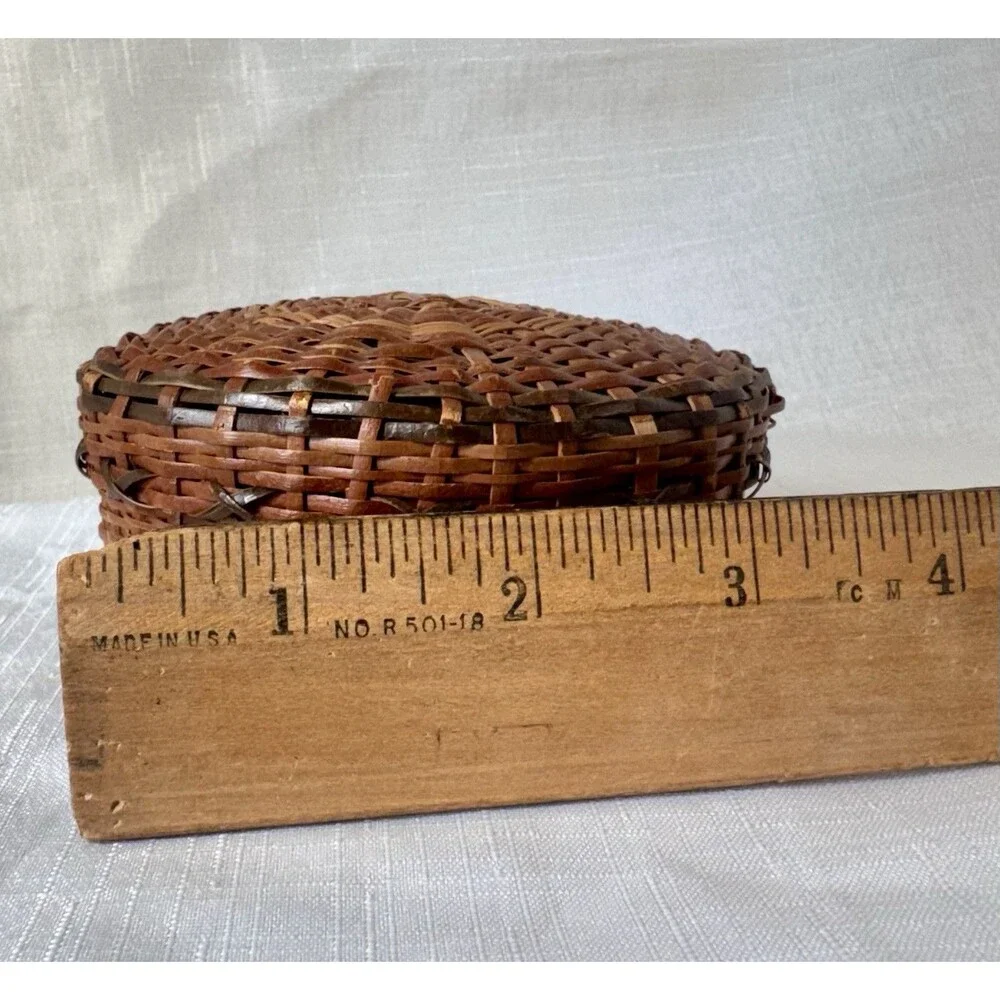 Vintage Trinket Basket Native American Style Lid Ash Splint Wood Woven Folk Art